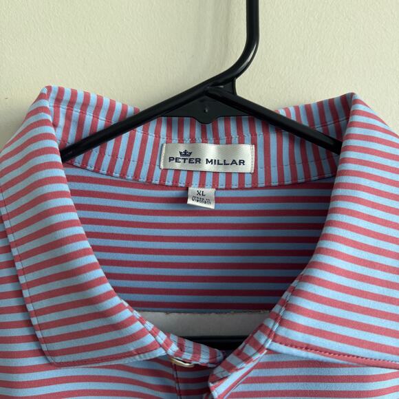 Peter Millar Polo Short Sleeve Shirt Pink Blue Striped Embroidered Sun XL - Picture 3 of 6